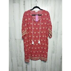 Halife Bohemian Shift Tunic Style Dress Floral Red  Stretch Tassels XL New